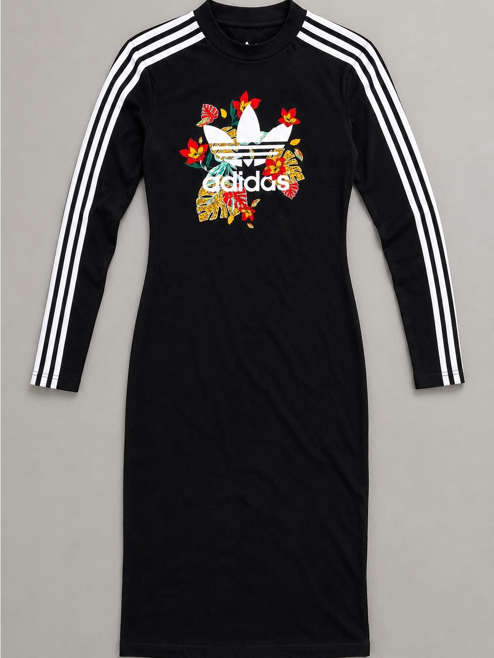 adidas Black Long-Sleeve Floral Trefoil Midi Dress